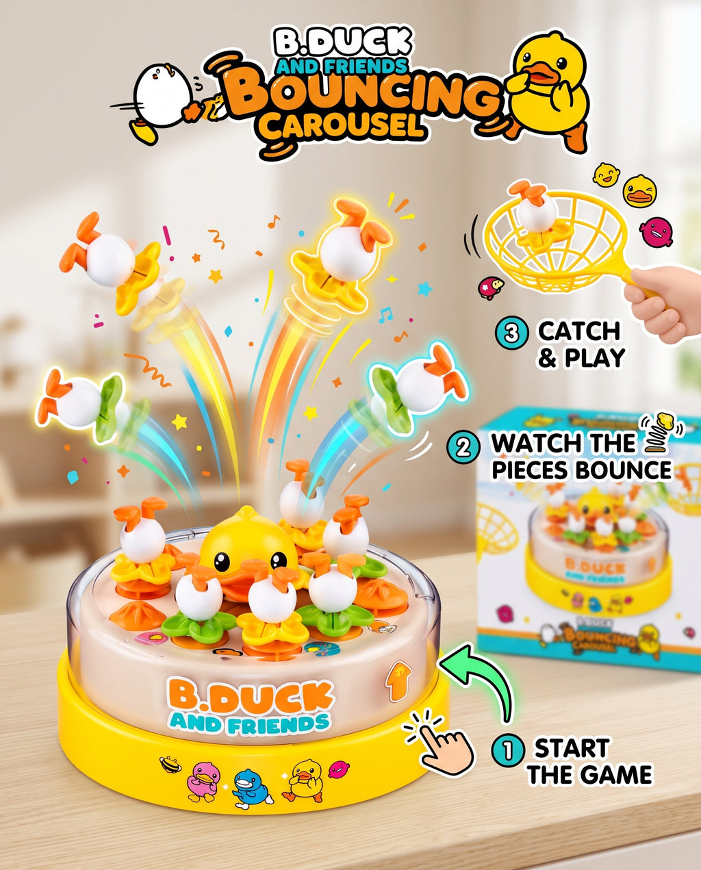 B.Duck & Friends Bouncing Carousel – Interactive Musical Catching Game with Lights