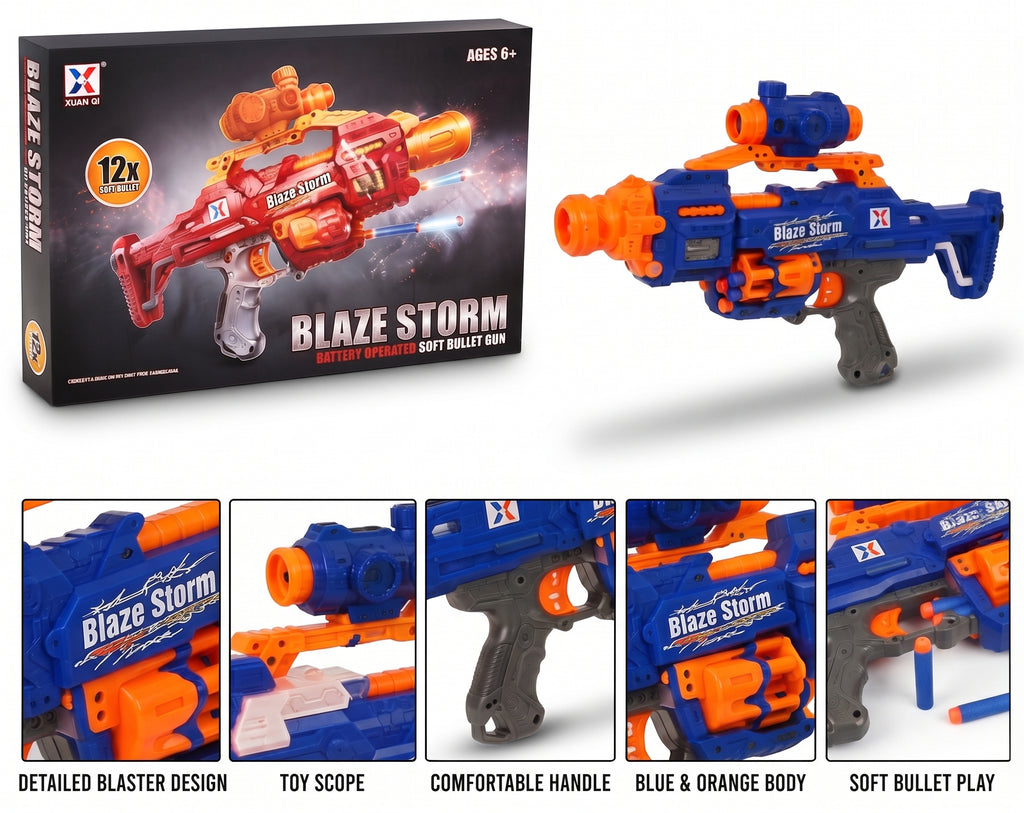 Blaze Storm Soft Bullet Toy Blaster (Item No. 7057) – Battery-Operated Foam Blaster with Tactical Scope, Rotating Cylinder, 12 Soft Bullets, and Display Box for Kids Age 6+