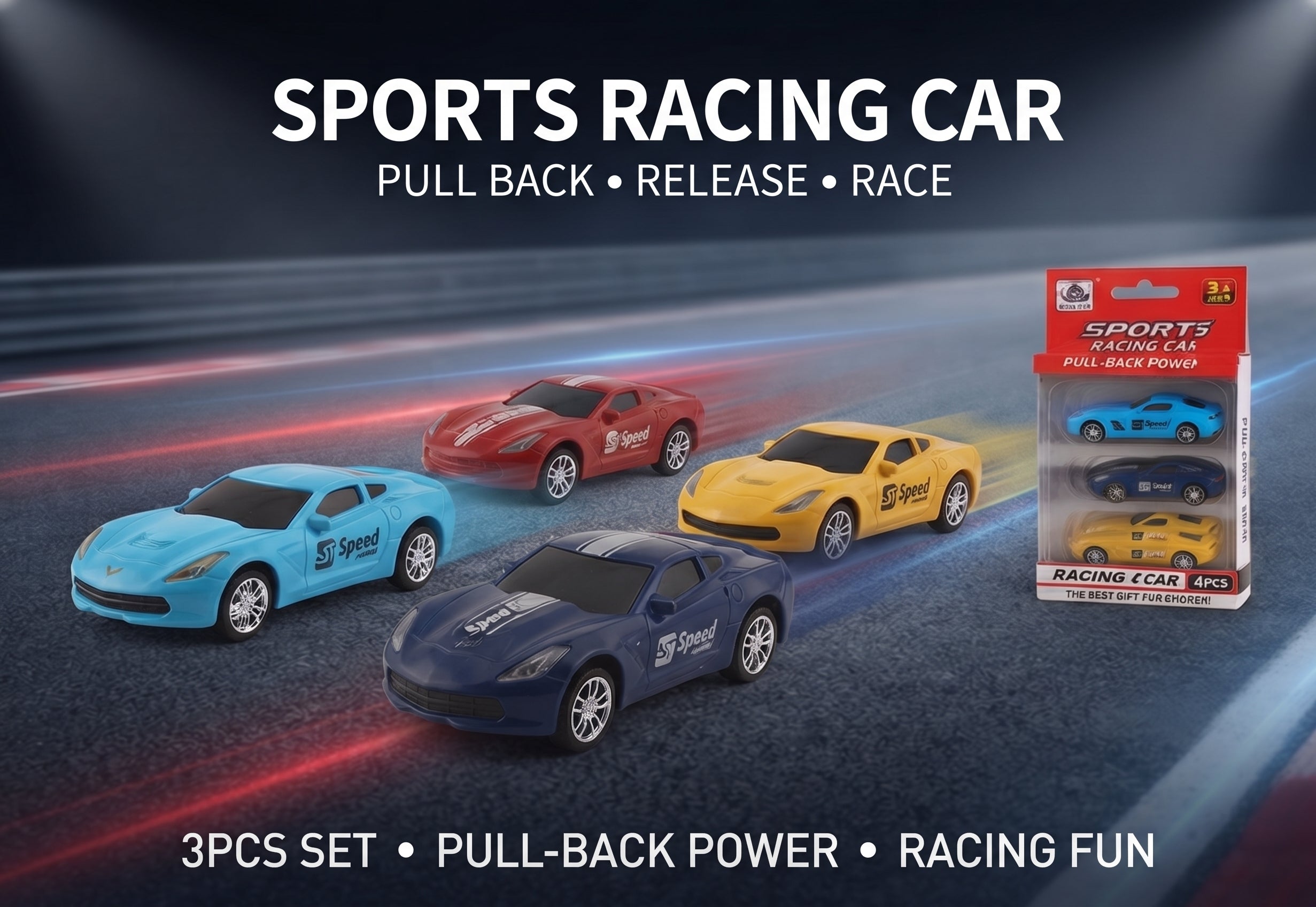 3 PCS Pull-Back Sports Racing Car Set – High-Performance Friction-Powered Die-Cast Style Vehicles with Smooth Wheels and Display Gift Box for Kids Age 3+