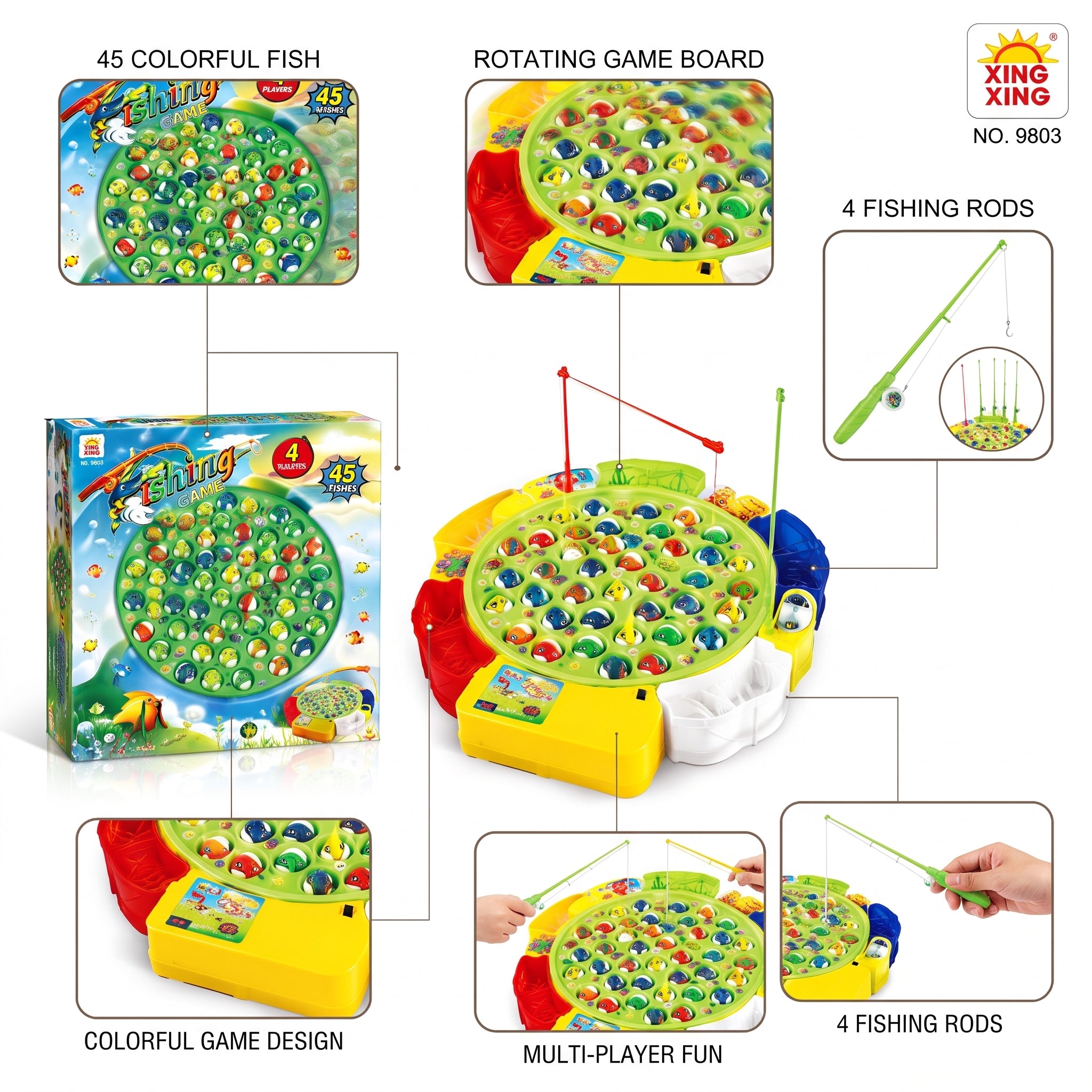 XING XING No. 9803 Fishing Game - 45-Fish Rotating Electronic Toy with 4 Fishing Rods for 1–4 Players