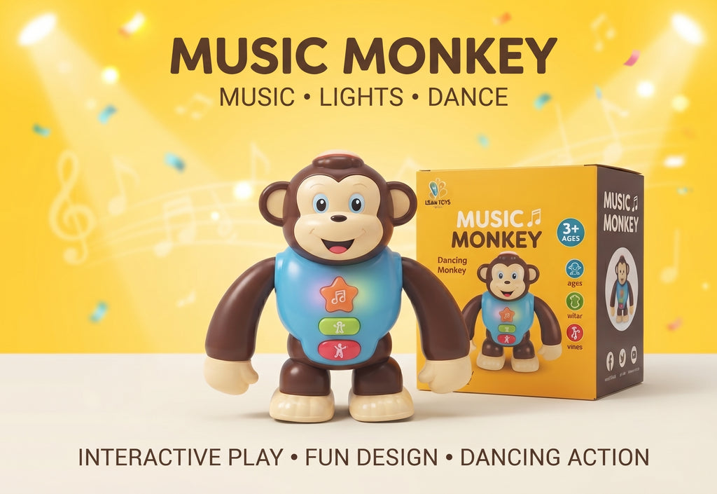 Music Monkey Dancing Toy – Interactive Musical Walking Toy with Colorful Lights, Sound Effects, and Easy Press Buttons for Toddlers Age 3+