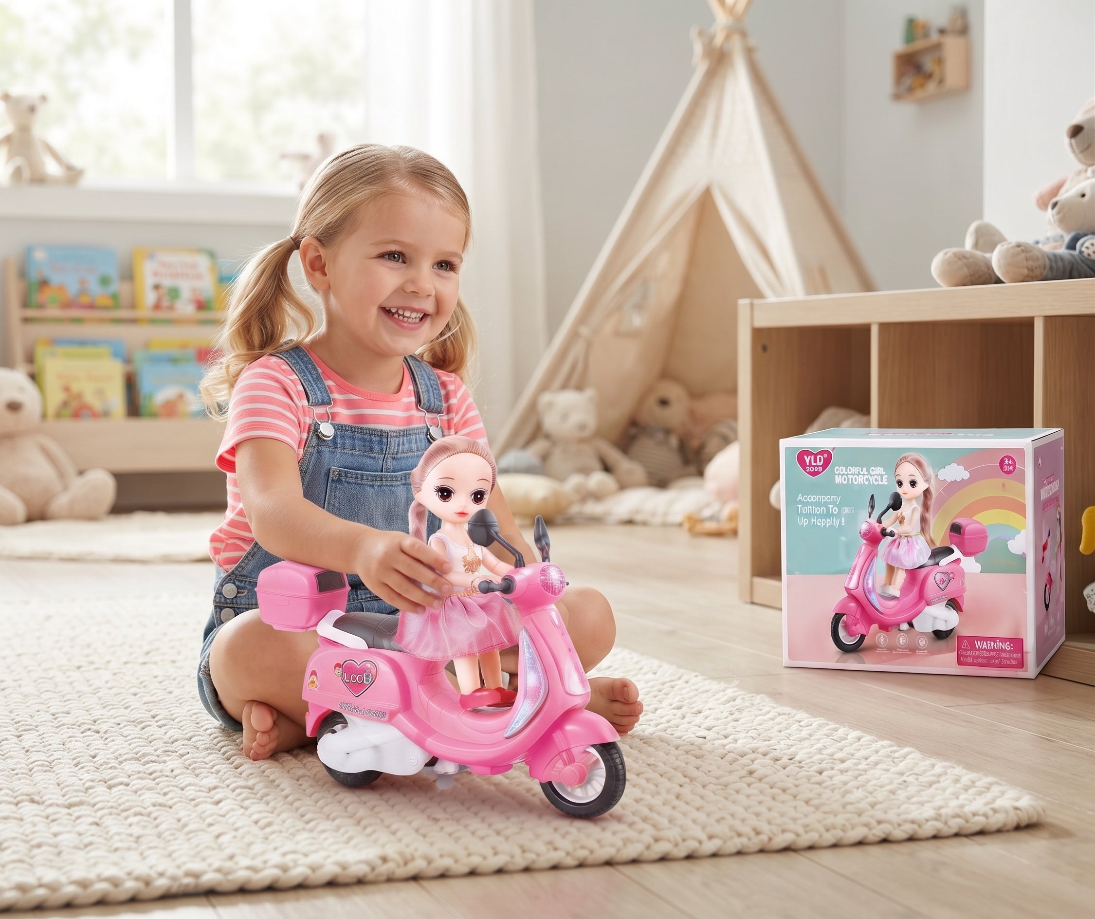 Colorful Girl Motorcycle Doll Toy – Pink Electric Scooter Play Set with Cute Fashion Doll, Working LED Headlight, Music, and Battery-Operated Action for Kids Age 3+
