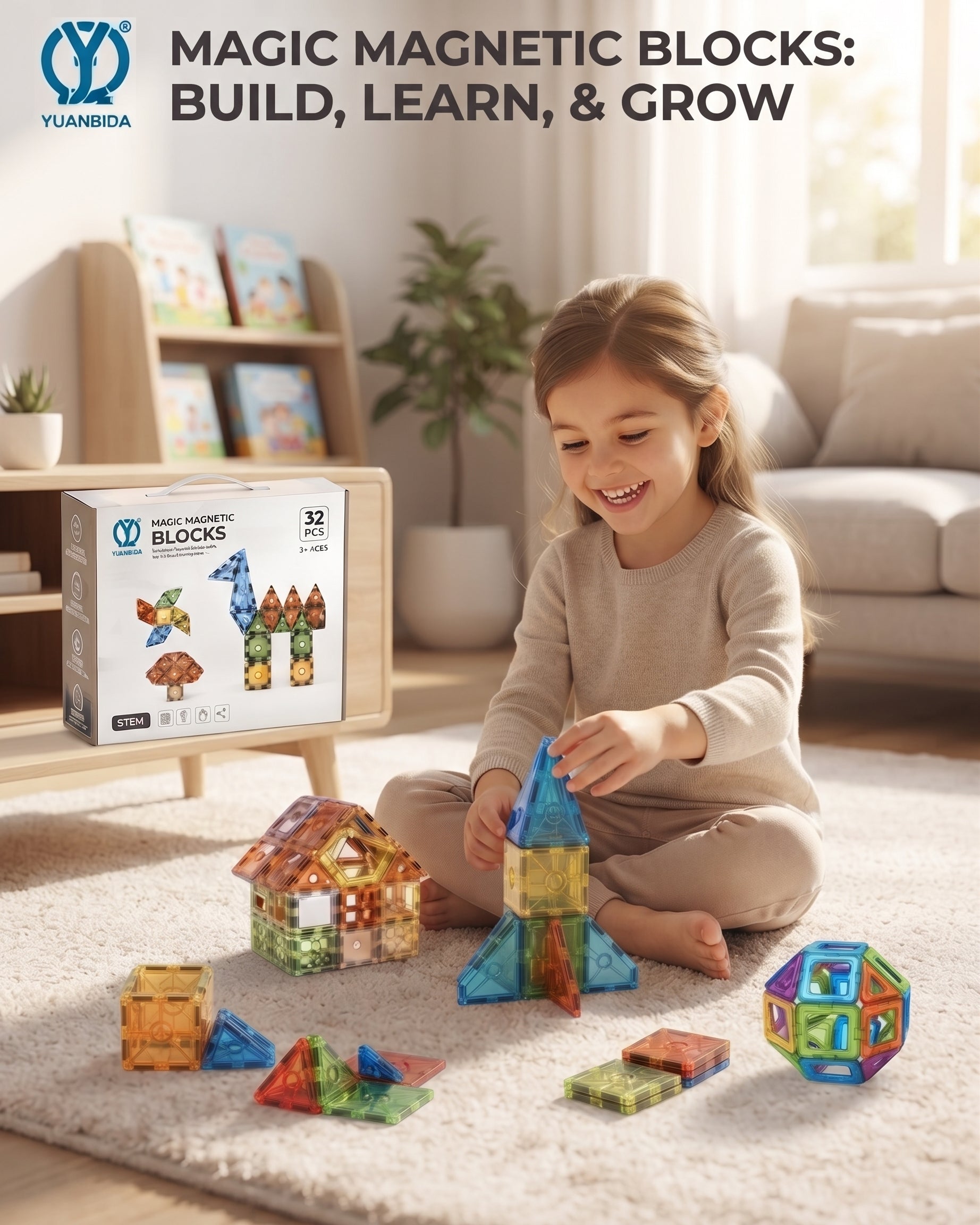 Magic Magnetic Blocks – 32-Piece STEM Educational Construction Toy Set with Transparent Colorful Tiles, Strong Magnets, and Creative Building Shapes for Kids Age 3+