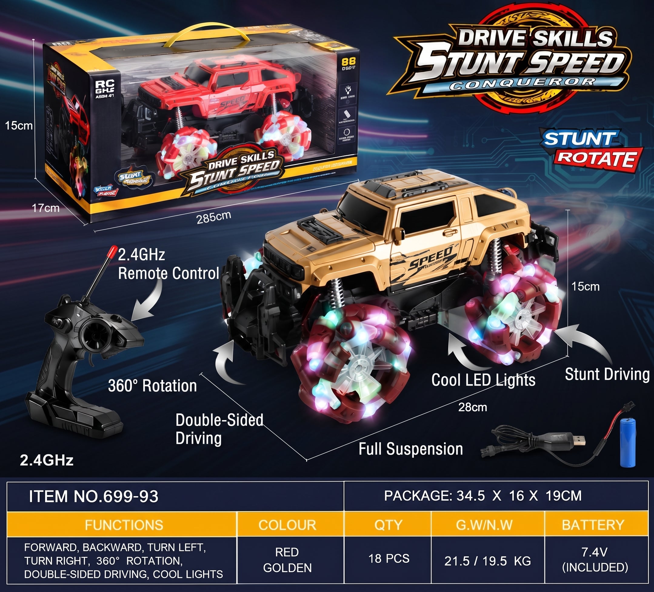 Drive Skills RC Stunt Car – 2.4GHz Double-Sided 360° Rotating Remote Control Car