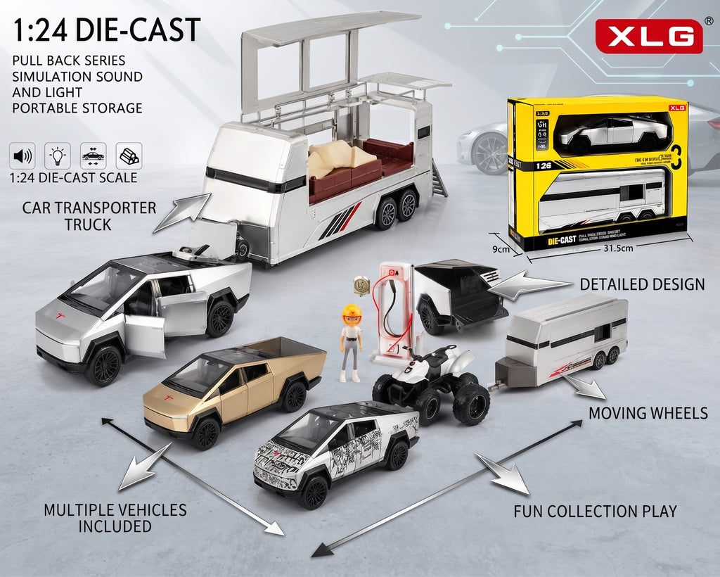 XLG 1:24 Die-Cast Car Transporter Truck Toy Set – Pull Back Series with Simulation Sound, Light, Portable Storage, Mini Vehicles, and Display Box for Kids Age 6+