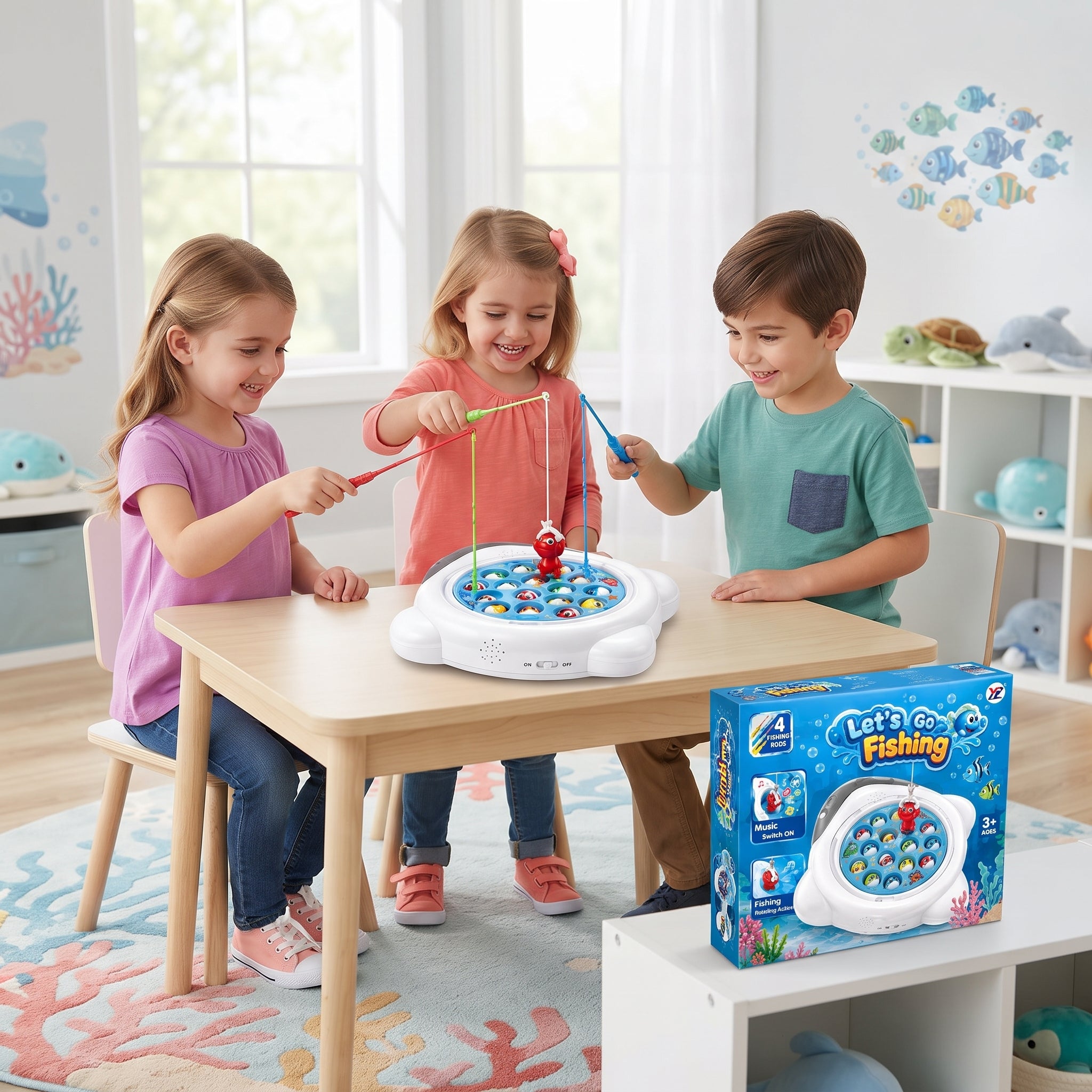 Let's Go Fishing - Musical Rotating Fishing Game with 18 Colorful Fish and 4 Fishing Rods for Kids