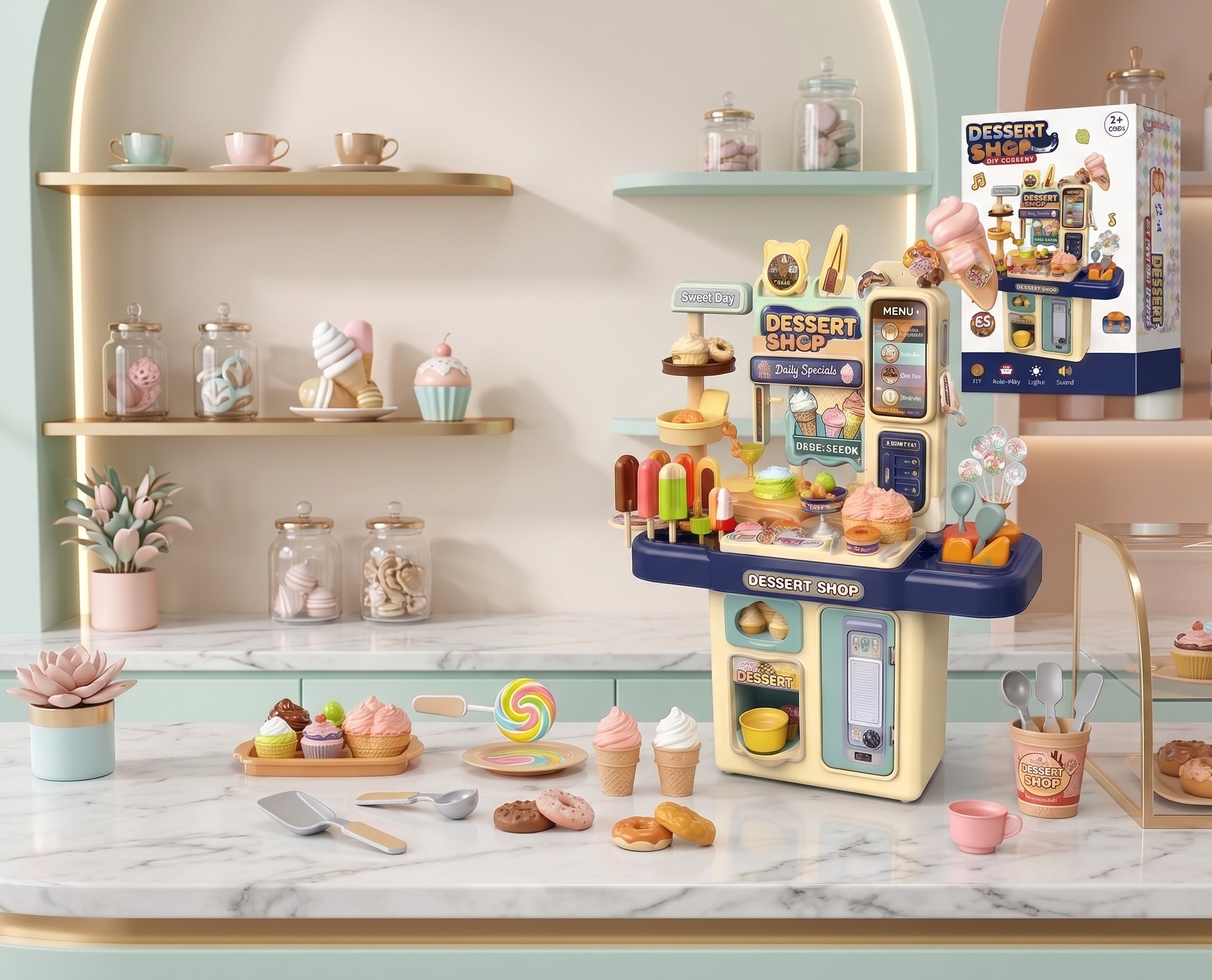 65 PCS Kids Dessert Shop DIY Role Play Set with Lights & Sound