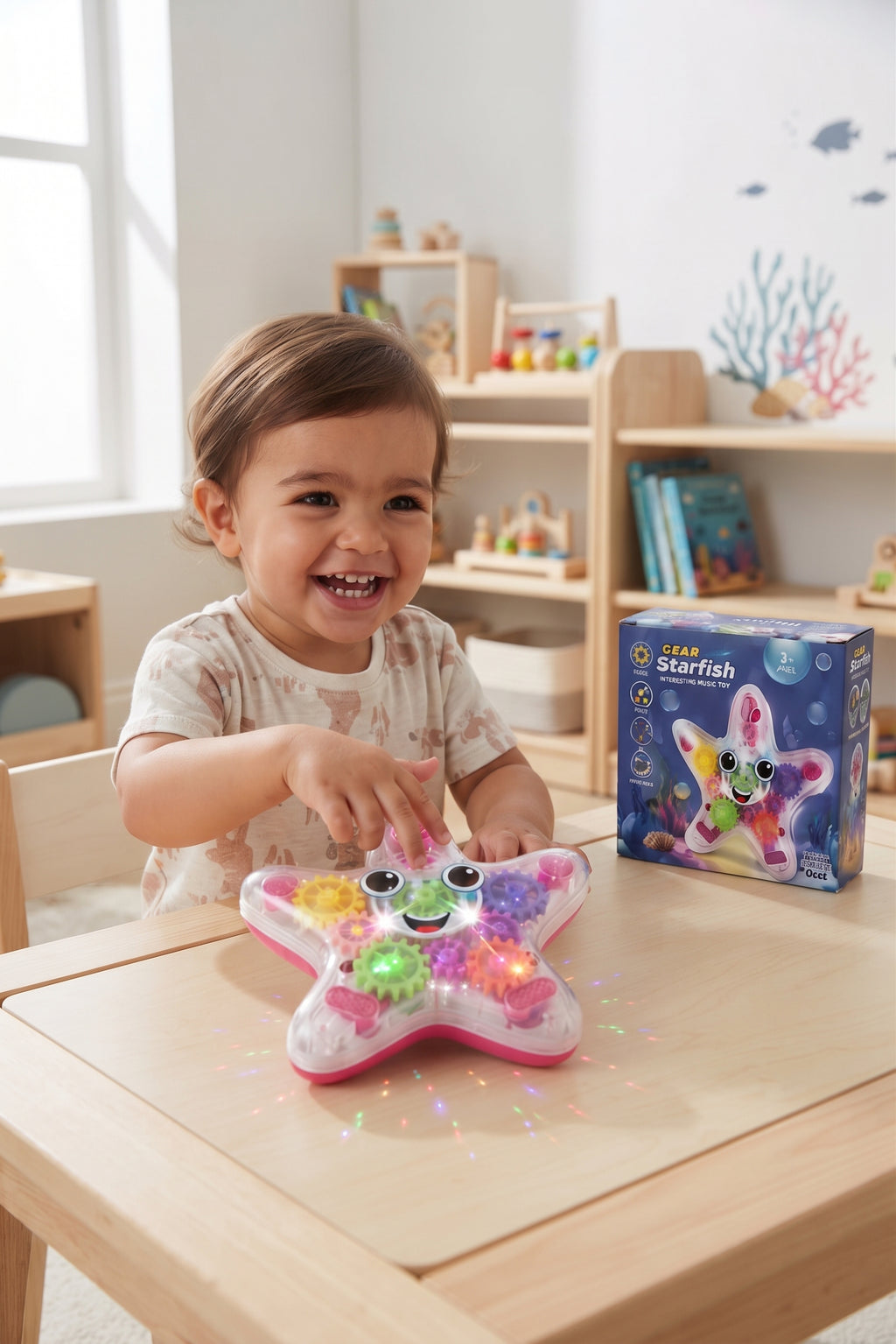 Gear Starfish Interesting Music Toy – Transparent Moving Mechanical Starfish with Colorful Rotating Gears, LED Lights, and 360° Rotation
