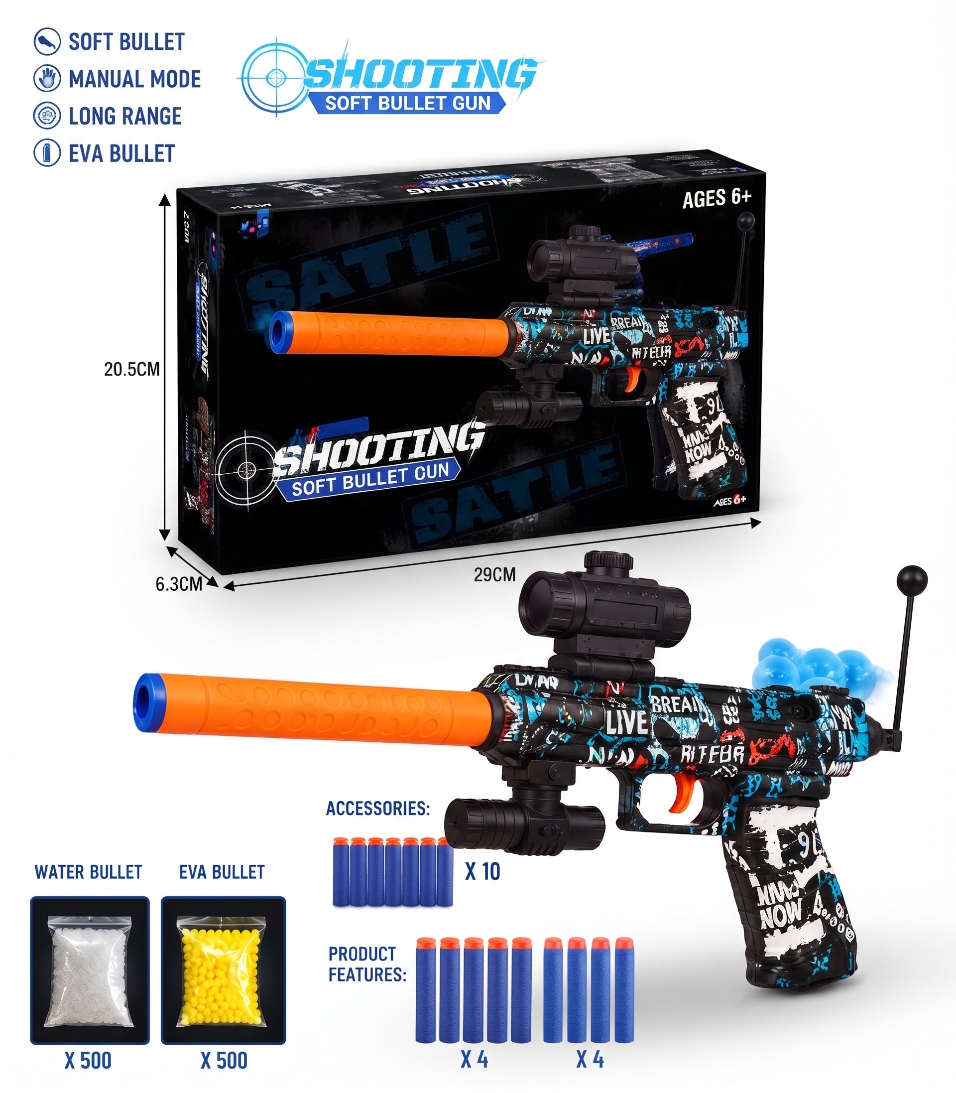 Shooting Soft Bullet Gun Toy – Manual Action Foam Dart & Water Gel Blaster with Scope, Antenna, and Accessories for Kids Age 6+