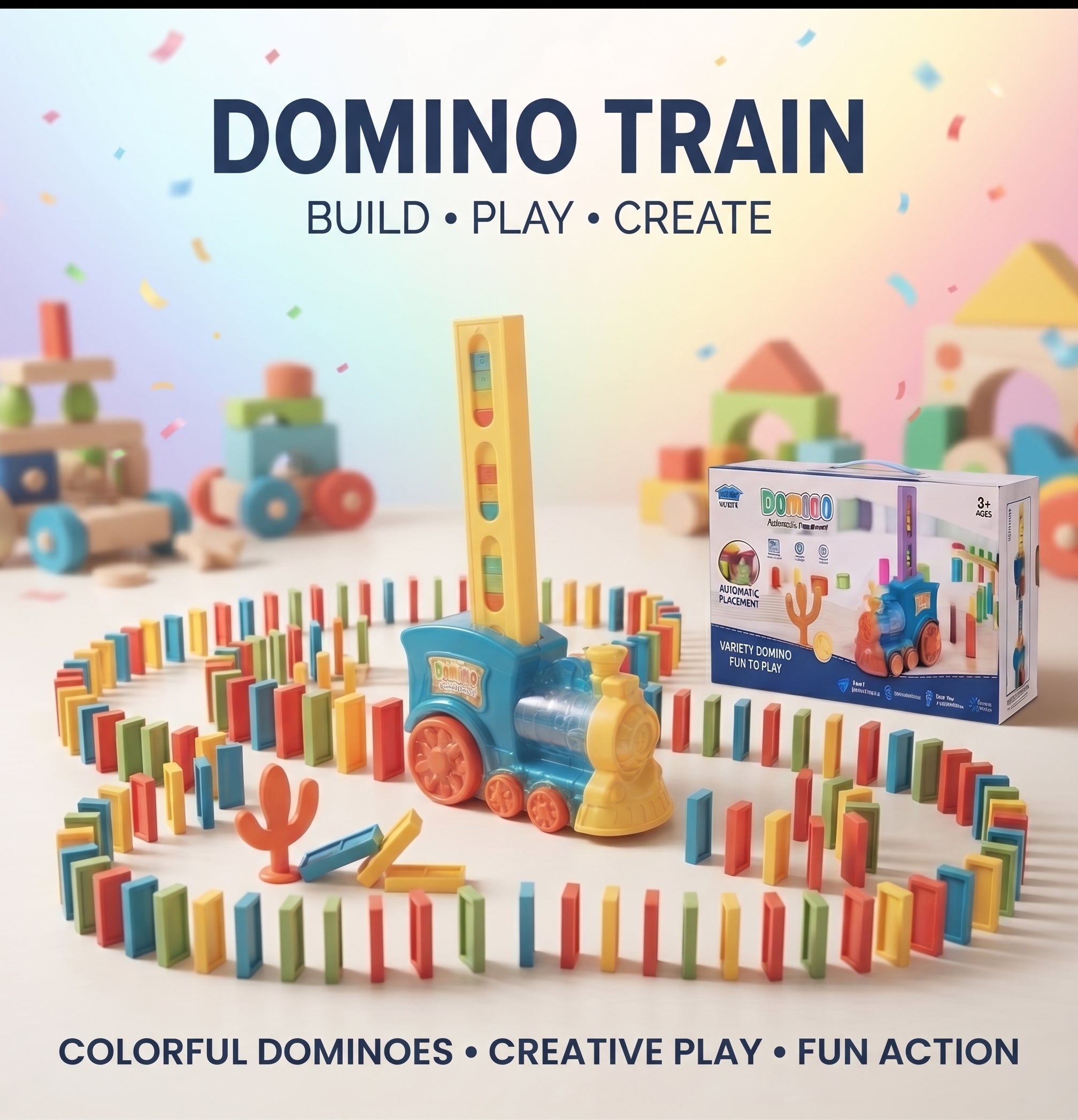 DOMINO Train Toy Set – Automatic Domino Laying Electric Locomotive with Colorful Blocks, Sound Effects, and Gift Box for Kids Age 3+