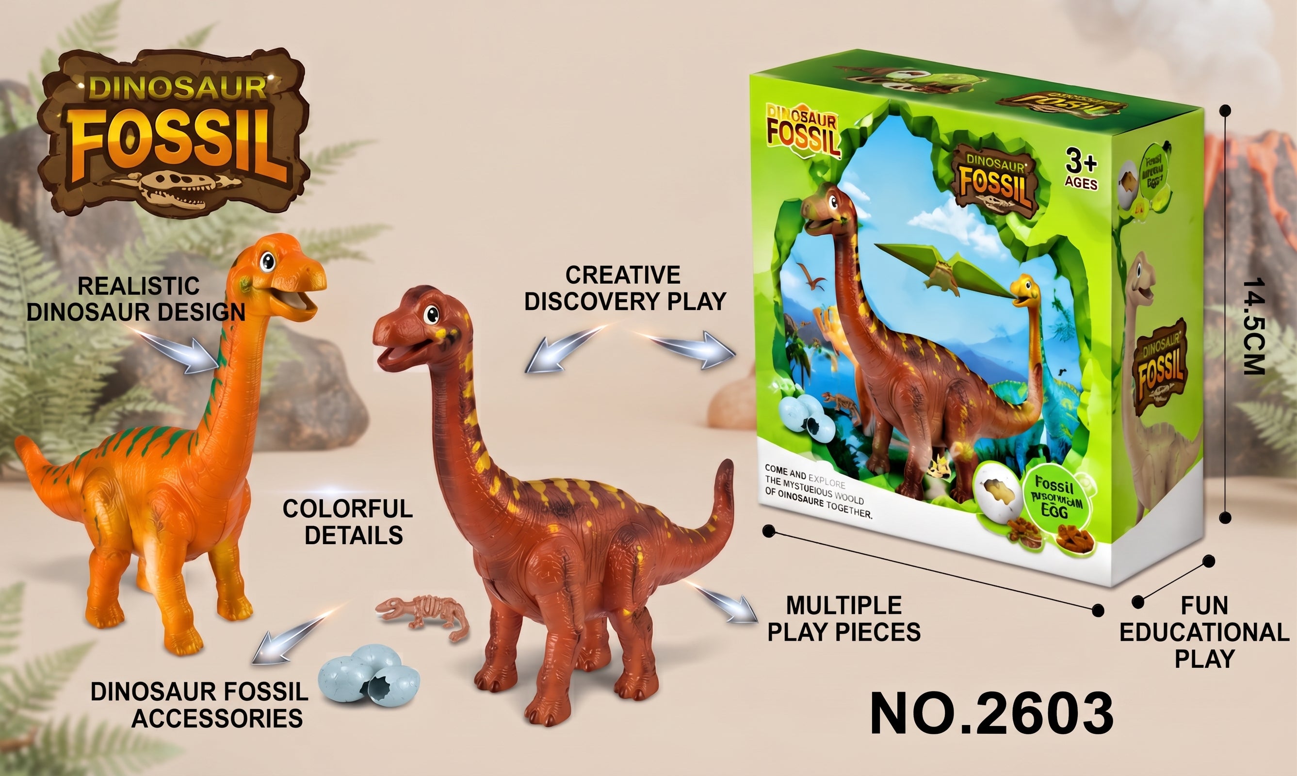 Dinosaur Fossil Toy Set – Prehistoric Brachiosaurus Figures with Fossil Skeletons, Hatching Eggs, Discovery Rocks, and Display Box for Kids Age 3+