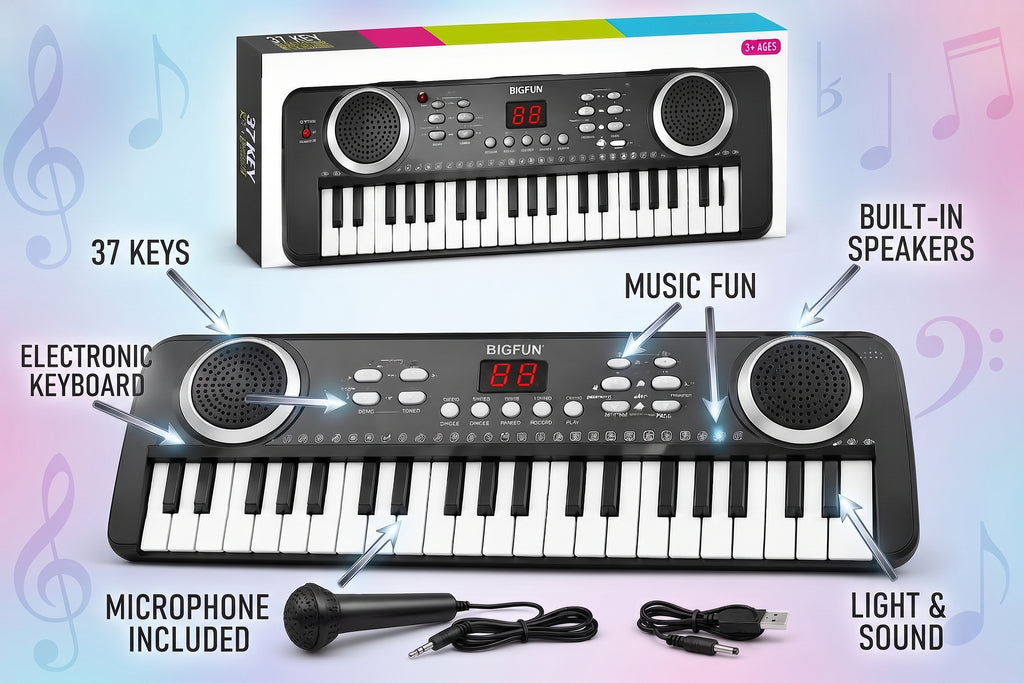 37 Key Electronic Keyboard Toy – Portable Kids Piano with Microphone, Dual Built-in Speakers, Digital Display, Record & Play Modes, and Gift Box