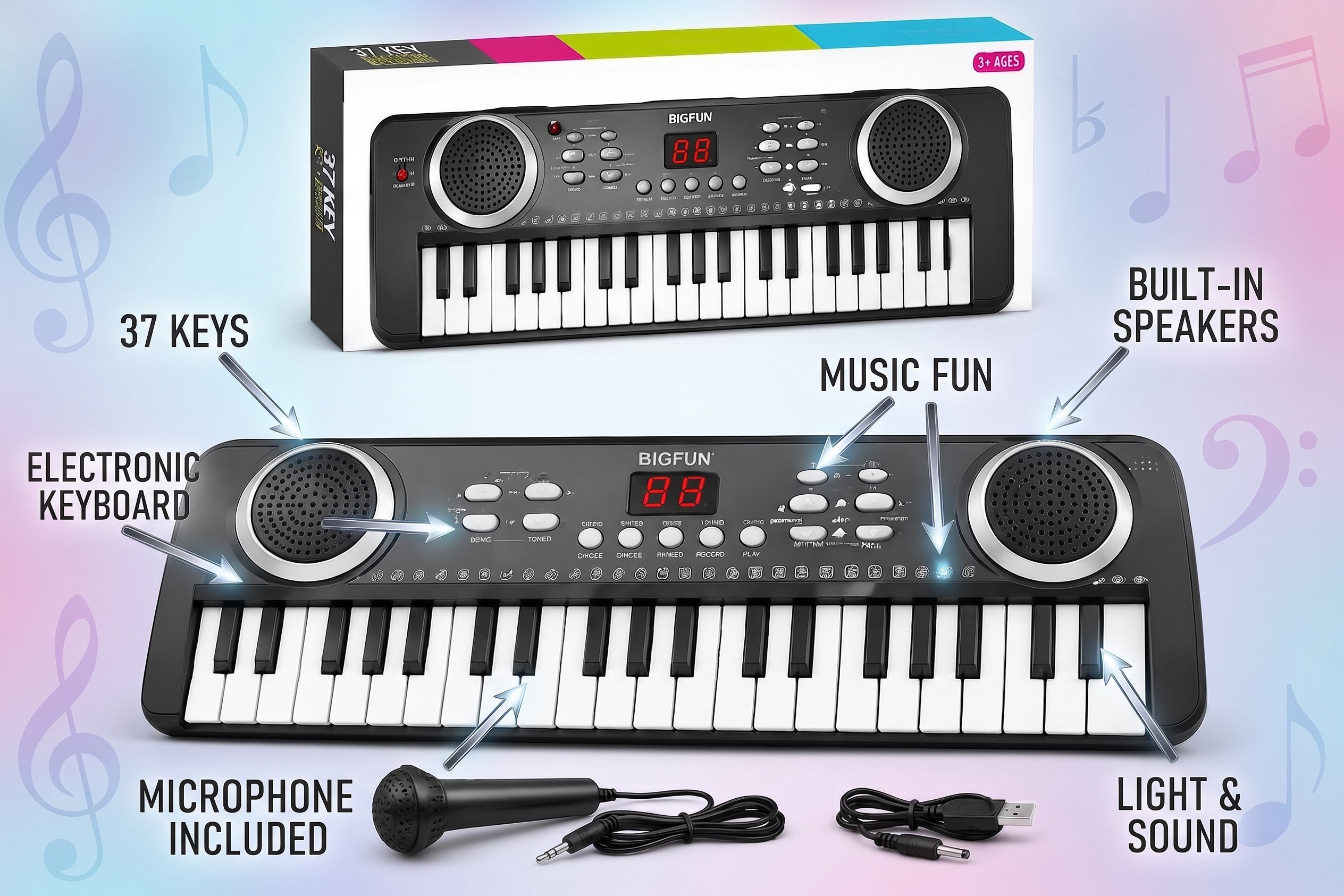 37 Key Electronic Keyboard Toy – Portable Kids Piano with Microphone, Dual Built-in Speakers, Digital Display, Record & Play Modes, and Gift Box
