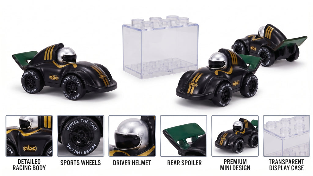 Mini Racing Car with Transparent Display Case – Collectible Die-Cast Style Motor Toy with Silver Driver Helmet, Sporty Wheels, and Protective Showcase Box for Kids and Collectors