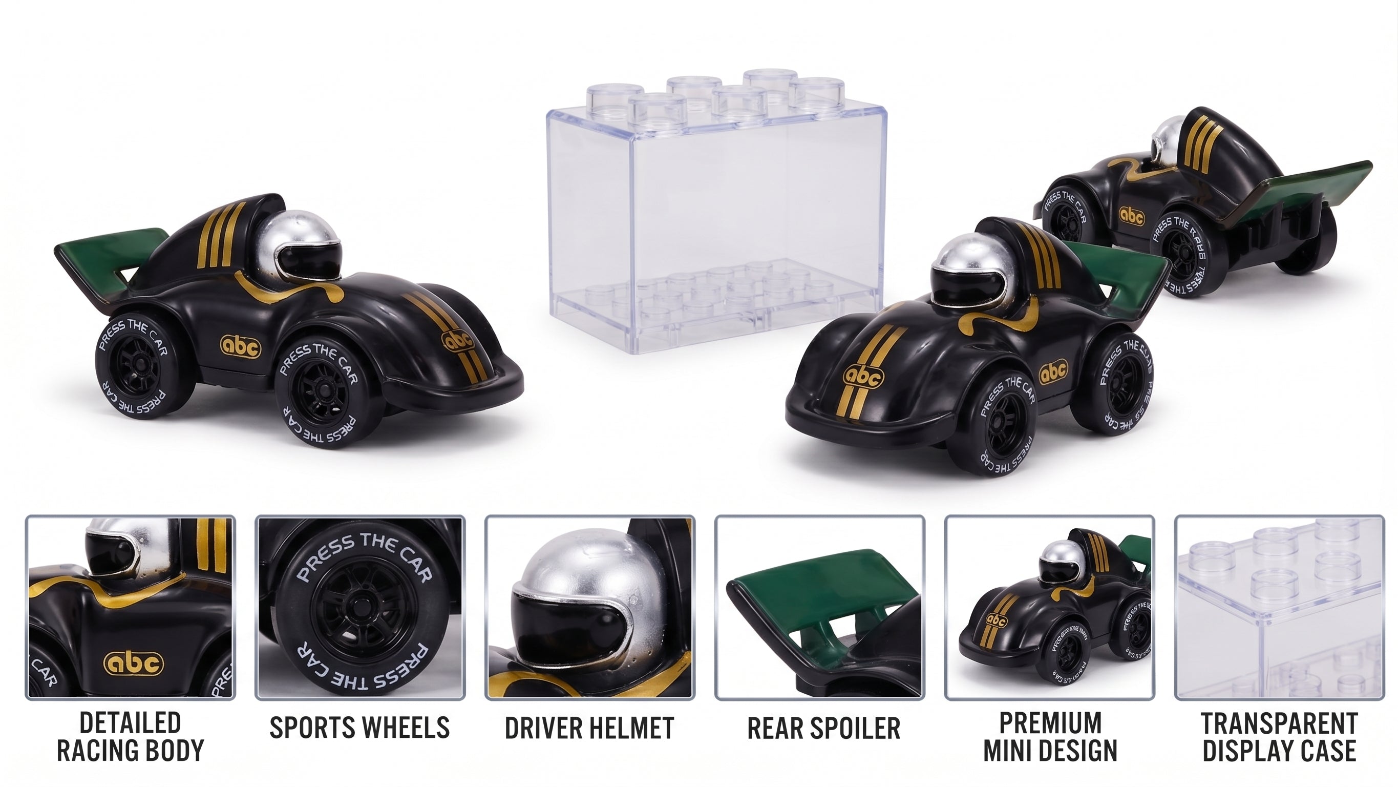 Mini Racing Car with Transparent Display Case – Collectible Die-Cast Style Motor Toy with Silver Driver Helmet, Sporty Wheels, and Protective Showcase Box for Kids and Collectors