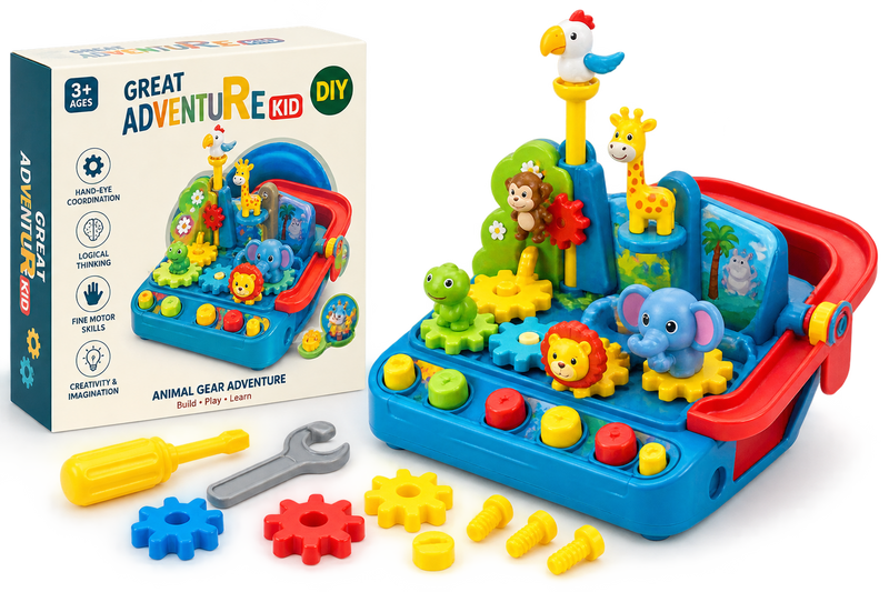Great Adventure Kid Animal Gear Toy – DIY Educational Gear Set with Cute Animals, Gears, Tools, Lights & Sounds