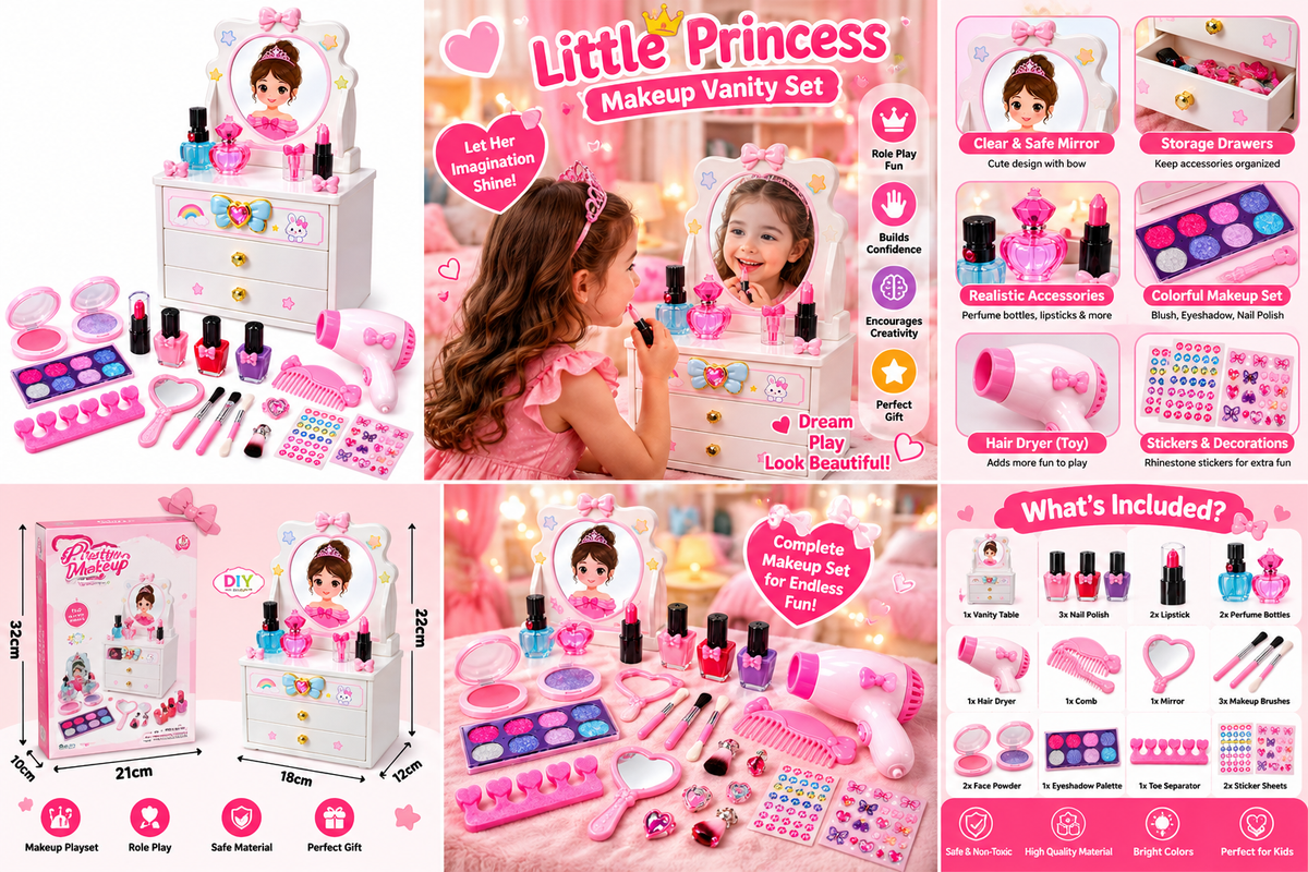 Little Princess Makeup Vanity Set for Girls – Kids Pretend Makeup Table with Mirror, Hair Dryer & Beauty Accessories