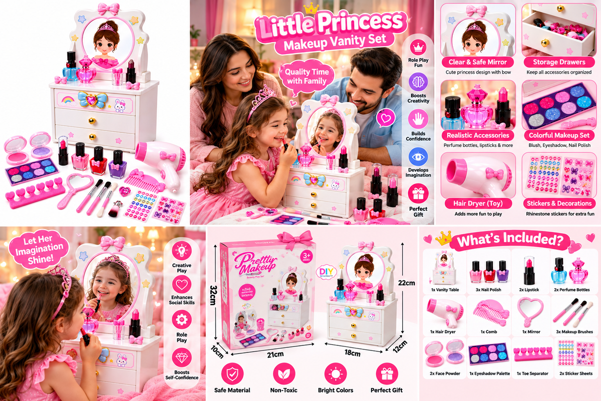 Little Princess Makeup Vanity Set for Girls – Kids Pretend Makeup Table with Mirror, Hair Dryer & Beauty Accessories