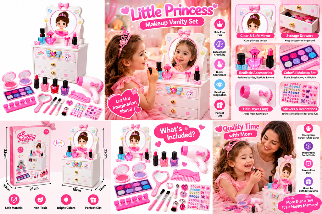 Little Princess Makeup Vanity Set for Girls – Kids Pretend Makeup Table with Mirror, Hair Dryer & Beauty Accessories
