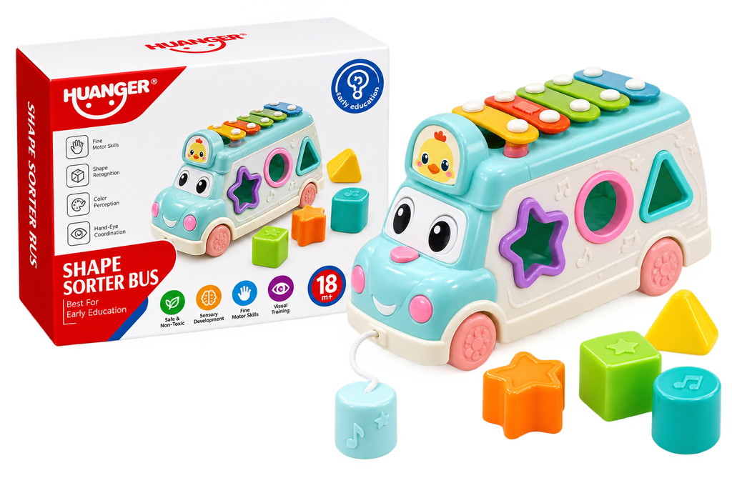 HUANGER Shape Sorter Bus Toy for Kids – Musical Xylophone, Shape Sorting, Pull-Along & Educational Learning Toy
