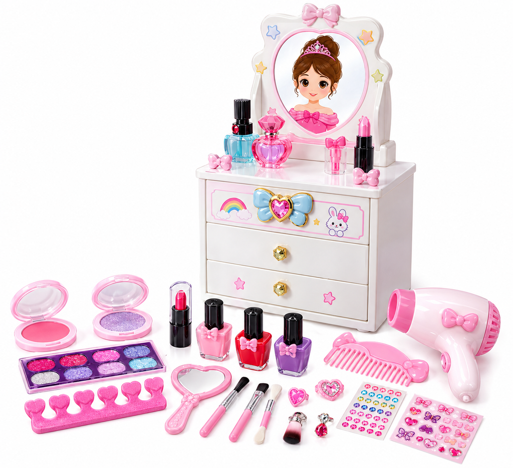 Little Princess Makeup Vanity Set for Girls – Kids Pretend Makeup Table with Mirror, Hair Dryer & Beauty Accessories