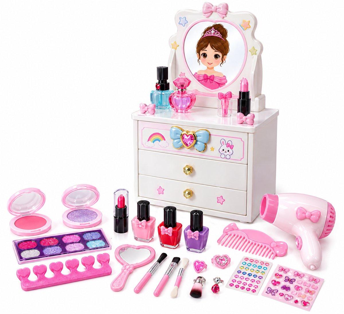 Little Princess Makeup Vanity Set for Girls – Kids Pretend Makeup Table with Mirror, Hair Dryer & Beauty Accessories