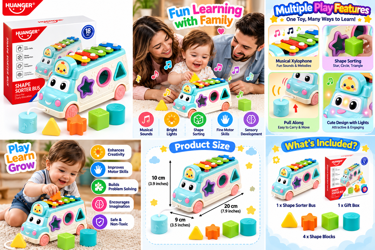 HUANGER Shape Sorter Bus Toy for Kids – Musical Xylophone, Shape Sorting, Pull-Along & Educational Learning Toy