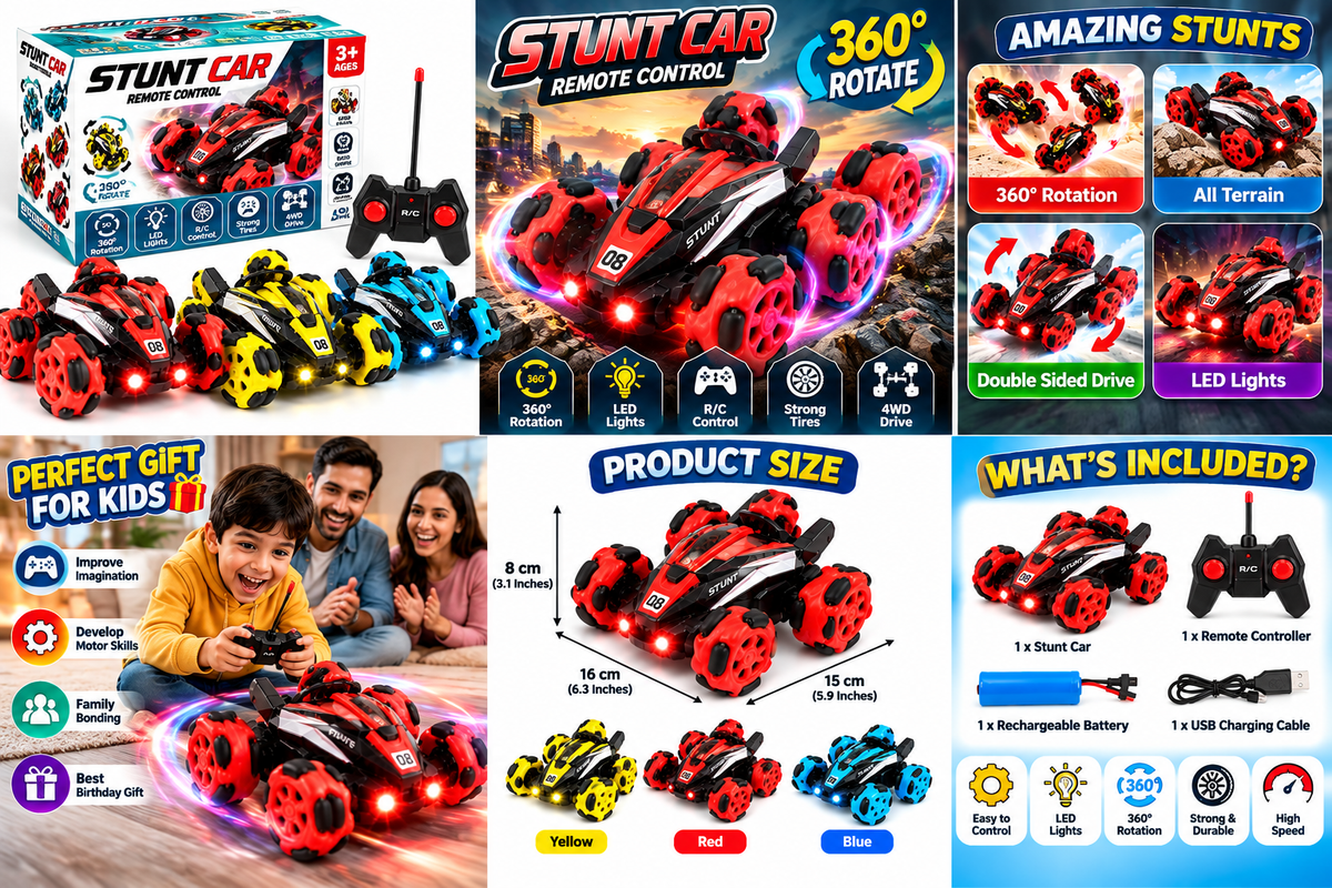 Remote Control Stunt Car for Kids – 360° Rotating 4WD RC Car with LED Lights, Double-Sided Drive & All-Terrain Wheels
