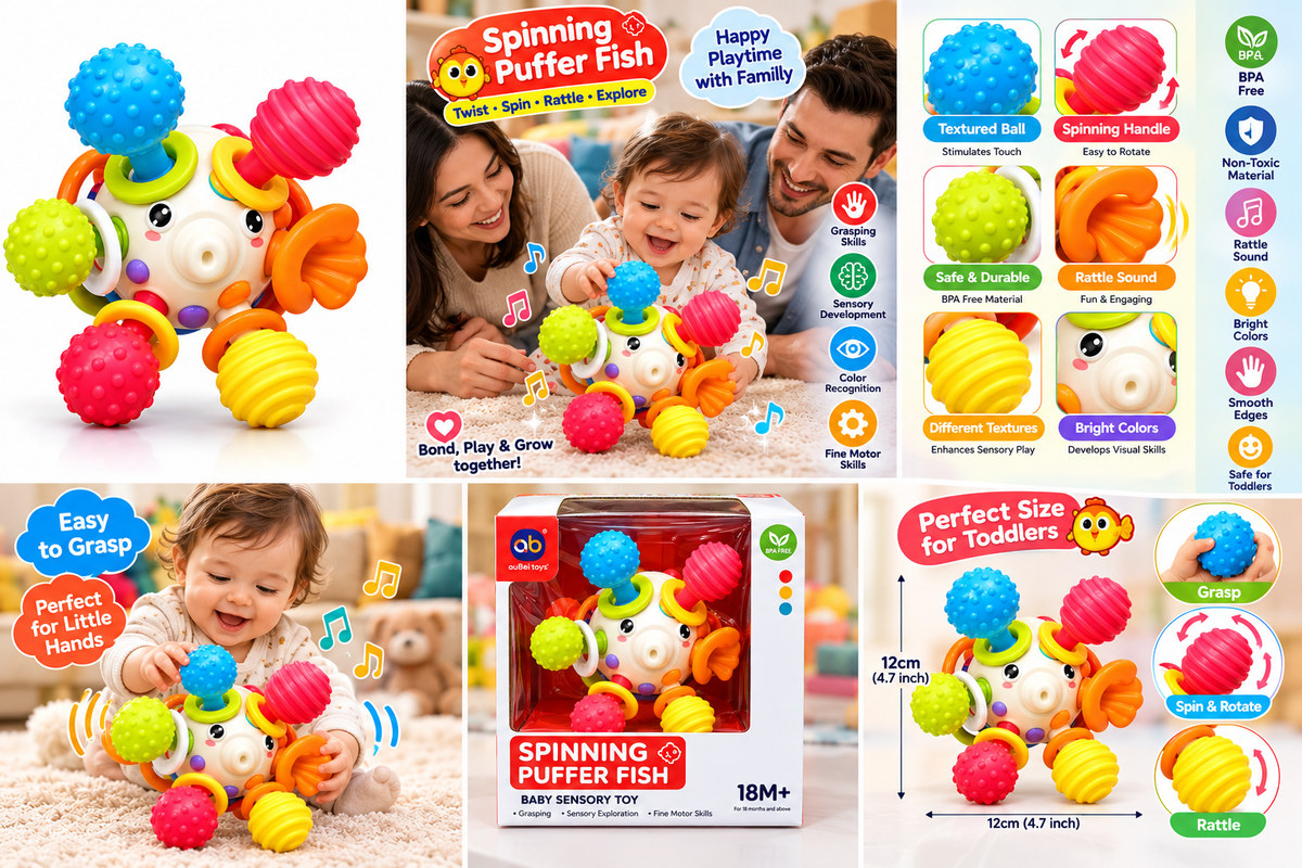 Spinning Puffer Fish Baby Sensory Toy – Colorful Educational Rattle, Spin & Grip Toy for Toddlers