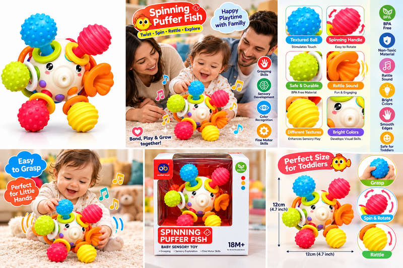 Spinning Puffer Fish Baby Sensory Toy – Colorful Educational Rattle, Spin & Grip Toy for Toddlers