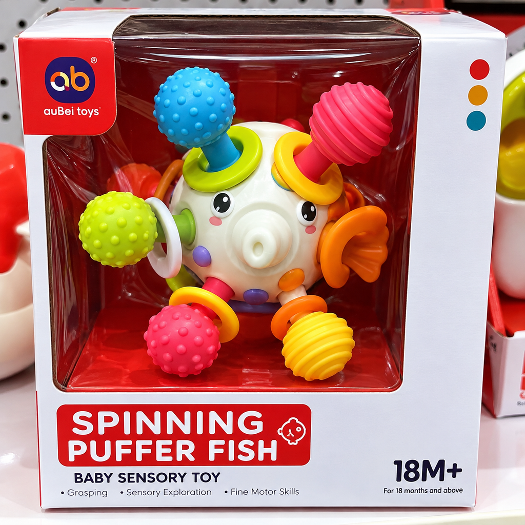 Spinning Puffer Fish Baby Sensory Toy – Colorful Educational Rattle, Spin & Grip Toy for Toddlers