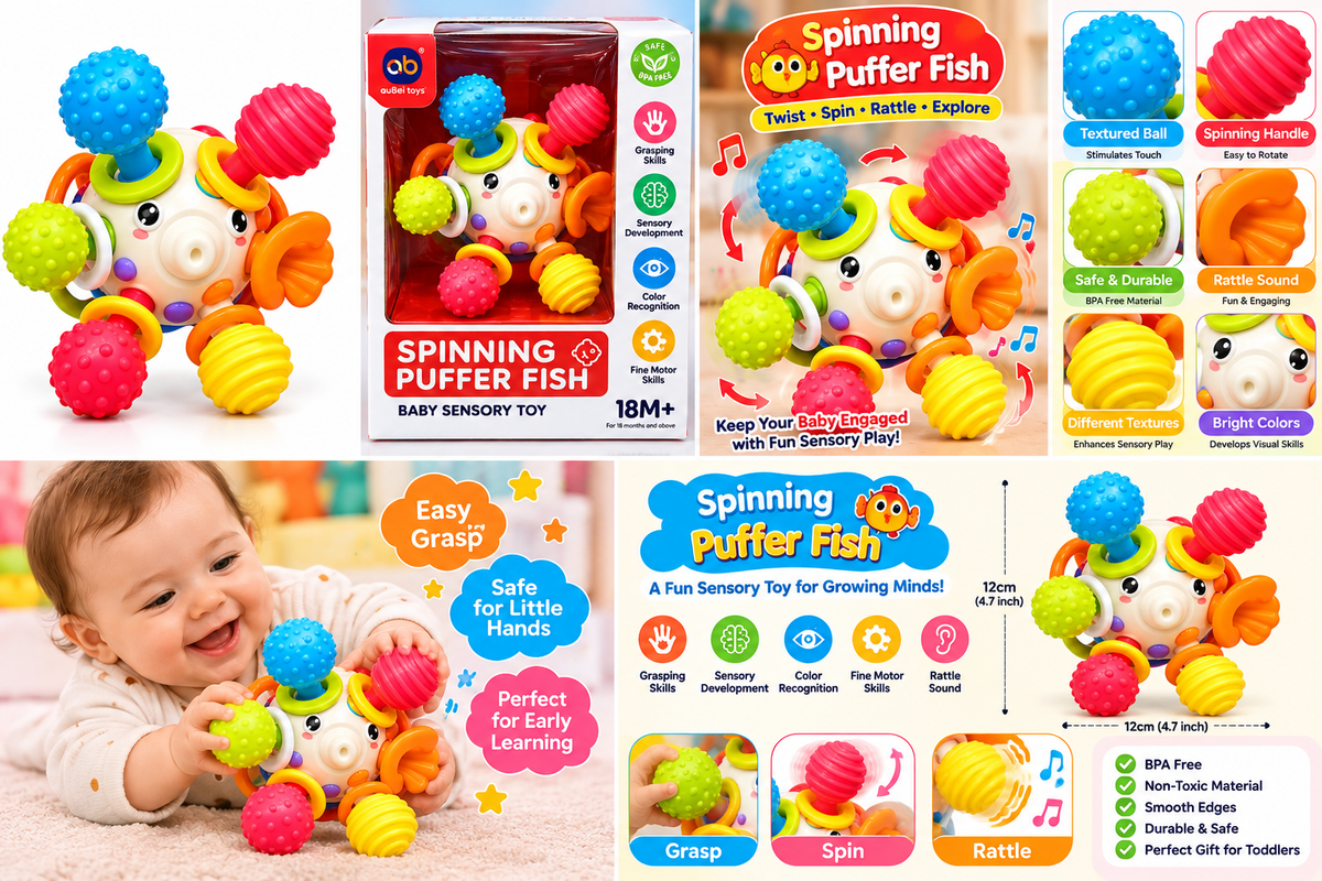 Spinning Puffer Fish Baby Sensory Toy – Colorful Educational Rattle, Spin & Grip Toy for Toddlers