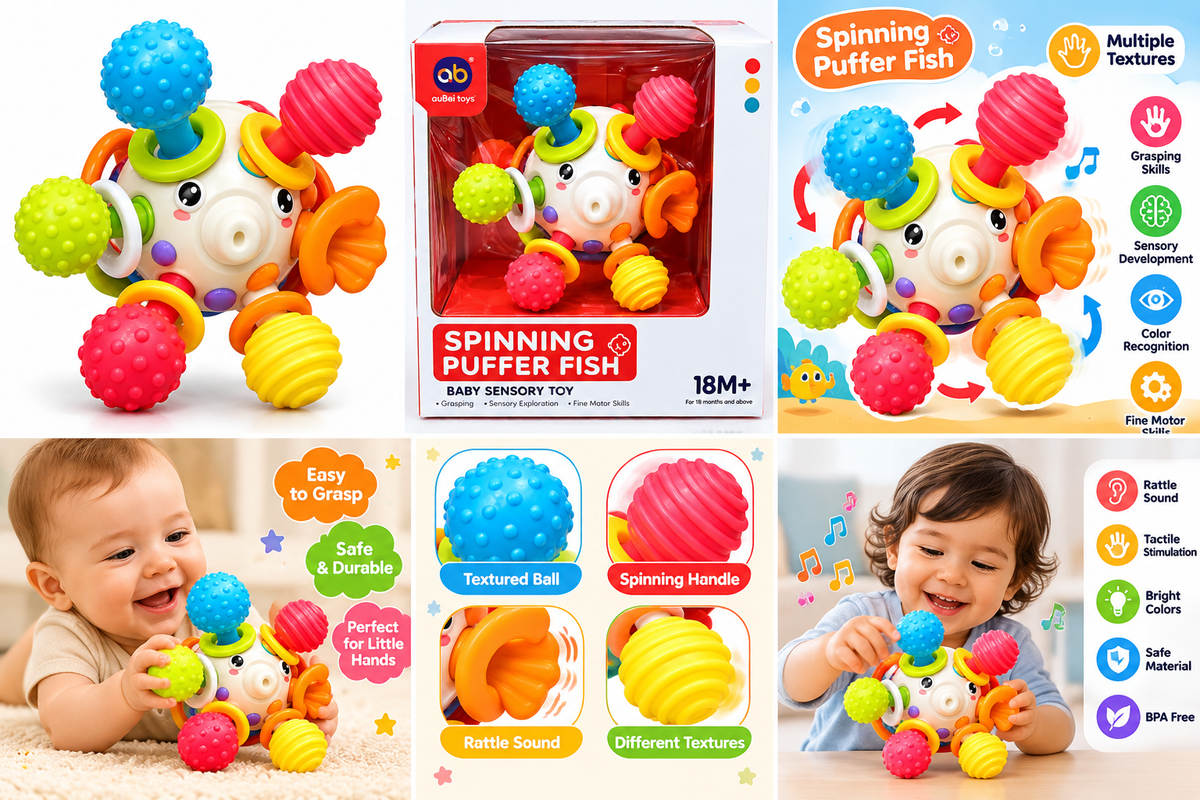 Spinning Puffer Fish Baby Sensory Toy – Colorful Educational Rattle, Spin & Grip Toy for Toddlers