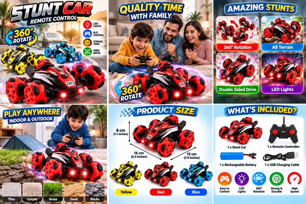 Remote Control Stunt Car for Kids – 360° Rotating 4WD RC Car with LED Lights, Double-Sided Drive & All-Terrain Wheels