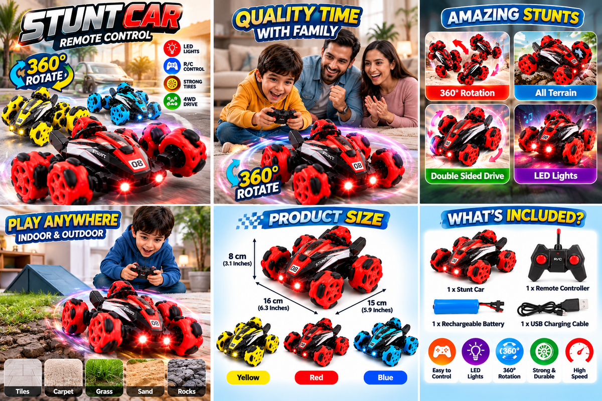 Remote Control Stunt Car for Kids – 360° Rotating 4WD RC Car with LED Lights, Double-Sided Drive & All-Terrain Wheels
