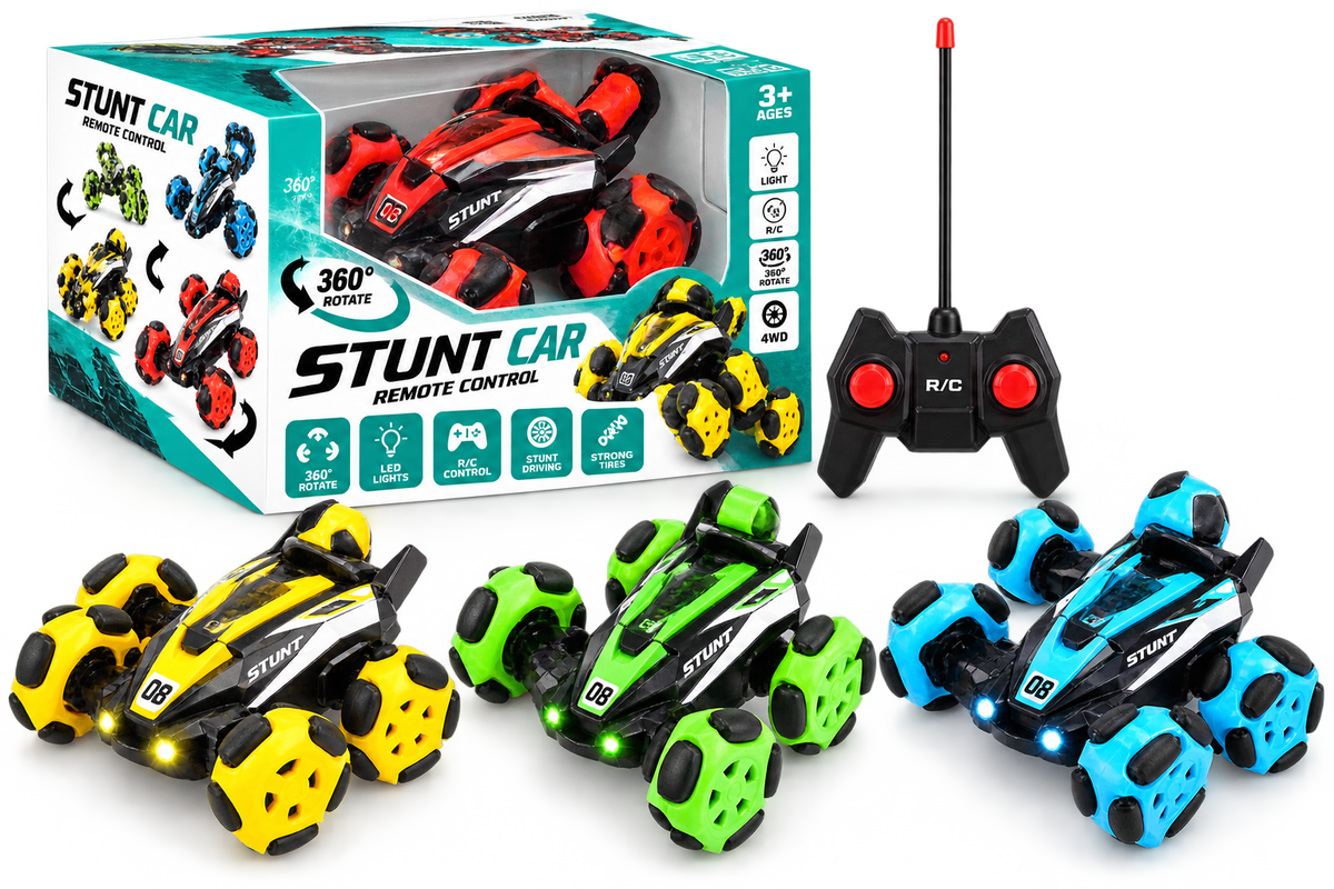 Remote Control Stunt Car for Kids – 360° Rotating 4WD RC Car with LED Lights, Double-Sided Drive & All-Terrain Wheels