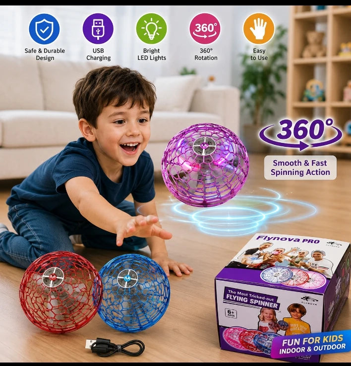 Flynova Pro Flying Spinner – Hand-Controlled Safe Drone Ball with 360° Rotation, Bright LED Lights, and USB Rechargeable Battery (6+ Years)