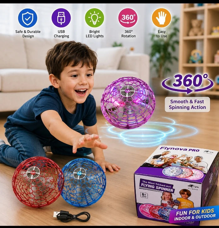 Flynova Pro Flying Spinner – Hand-Controlled Safe Drone Ball with 360° Rotation, Bright LED Lights, and USB Rechargeable Battery (6+ Years)