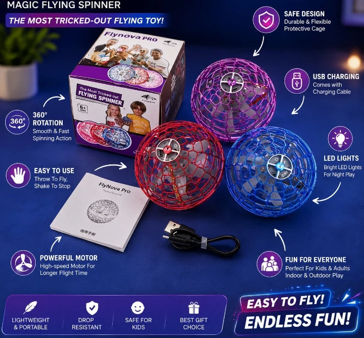 Flynova Pro Flying Spinner – Hand-Controlled Safe Drone Ball with 360° Rotation, Bright LED Lights, and USB Rechargeable Battery (6+ Years)