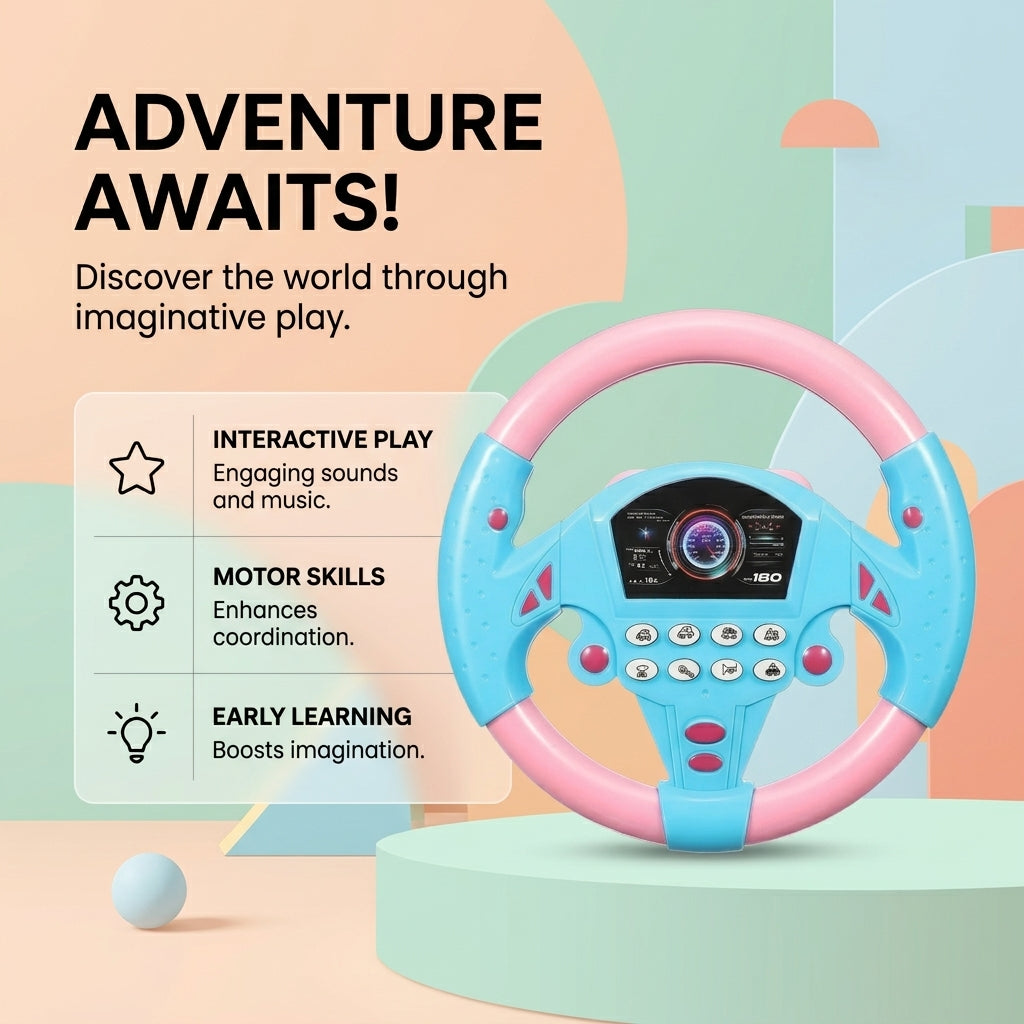 Kids Steering Wheel Toy with Sound & Light – 360° Rotating Driving Simulator